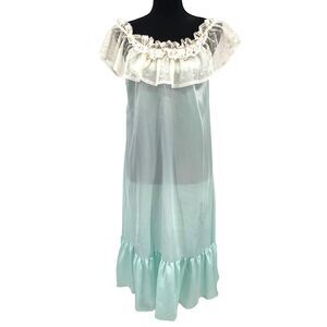 Vintage Lily Of France Ivory Crochet Lace Trim Blue Satin‎ Polyester Nightgown